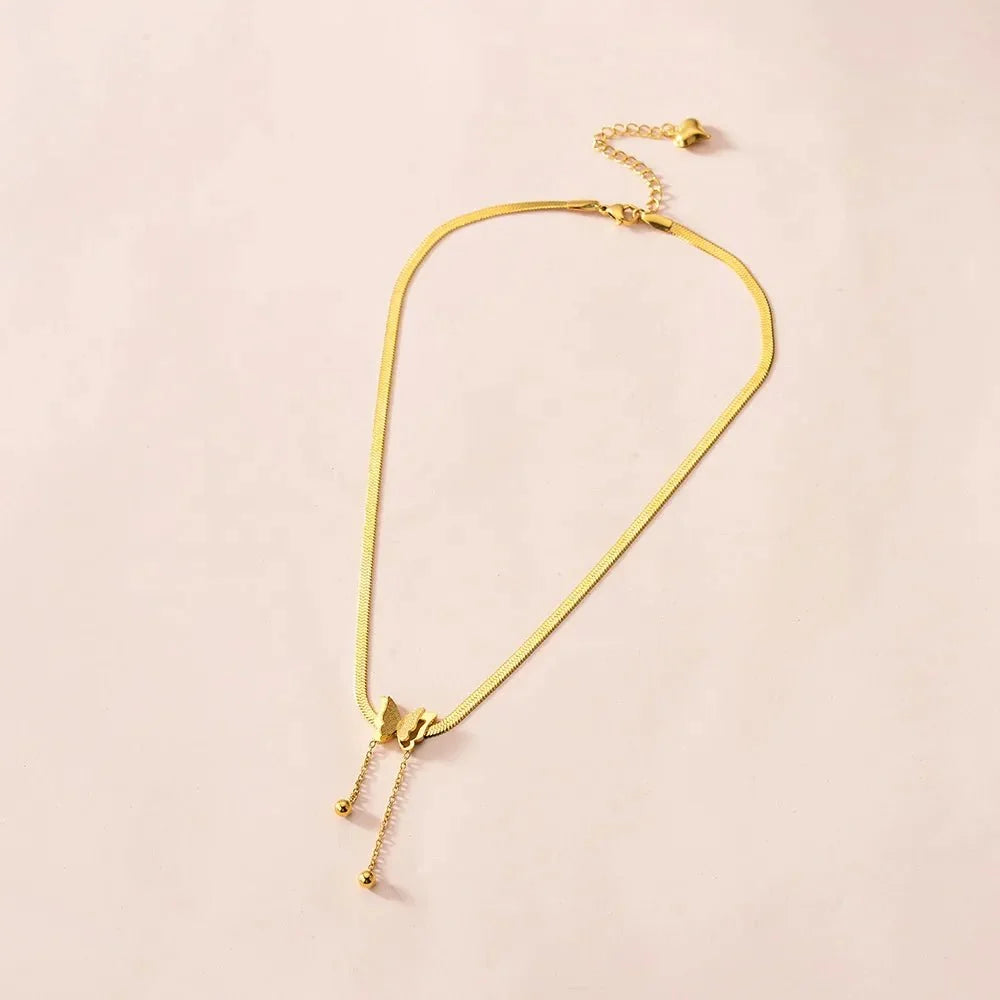 Dainty Herringbone Butterfly Dangle Necklace