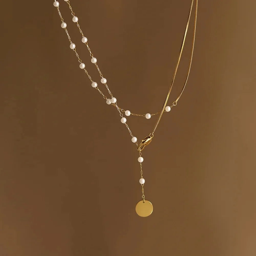 Dainty Layered Pearl Accented Herringbone Necklace