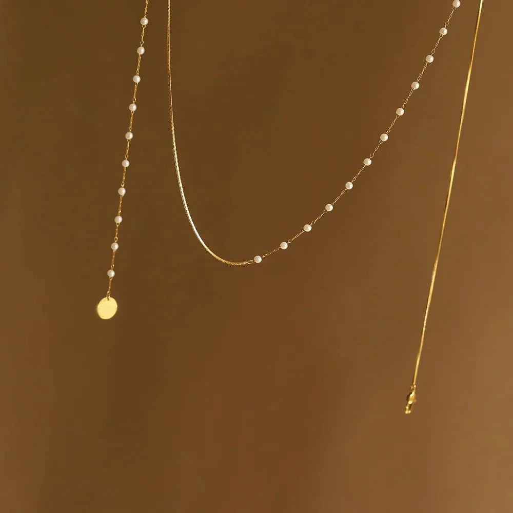 Dainty Layered Pearl Accented Herringbone Necklace