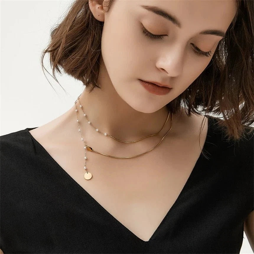 Dainty Layered Pearl Accented Herringbone Necklace