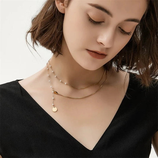 Dainty Layered Pearl Accented Herringbone Necklace