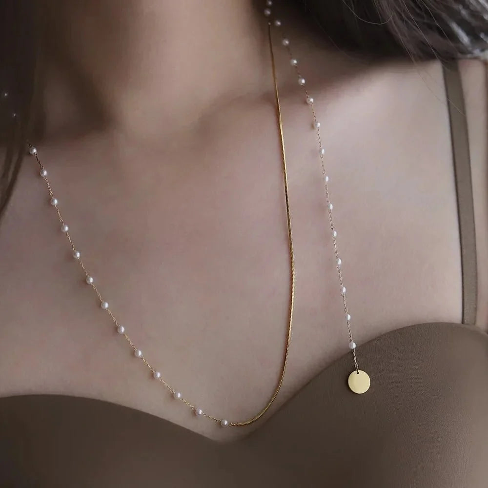 Dainty Layered Pearl Accented Herringbone Necklace