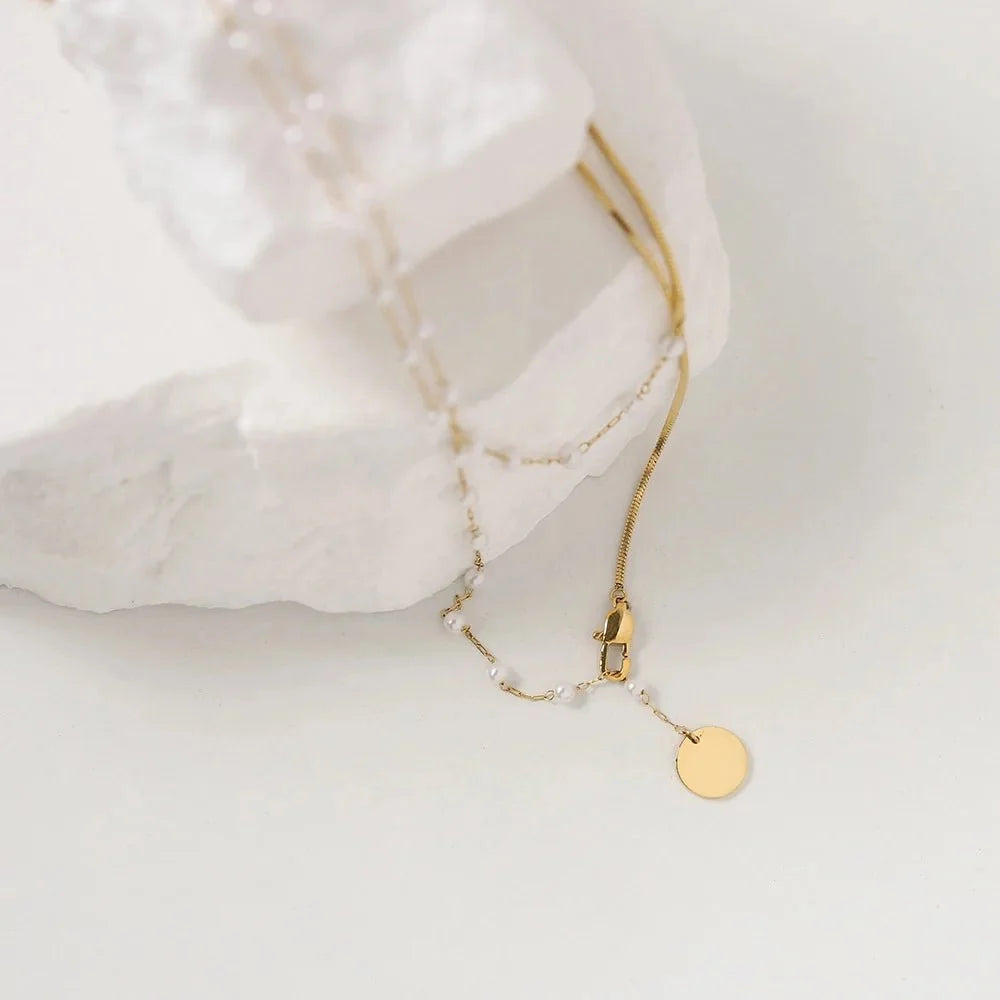 Dainty Layered Pearl Accented Herringbone Necklace