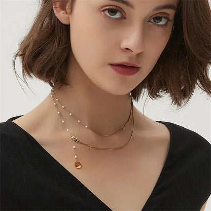 Dainty Layered Pearl Accented Herringbone Necklace