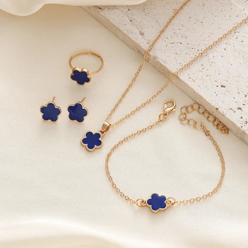 Dainty Lucky Floral Clover Necklace, Bracelet, Earrings, and Rings Set