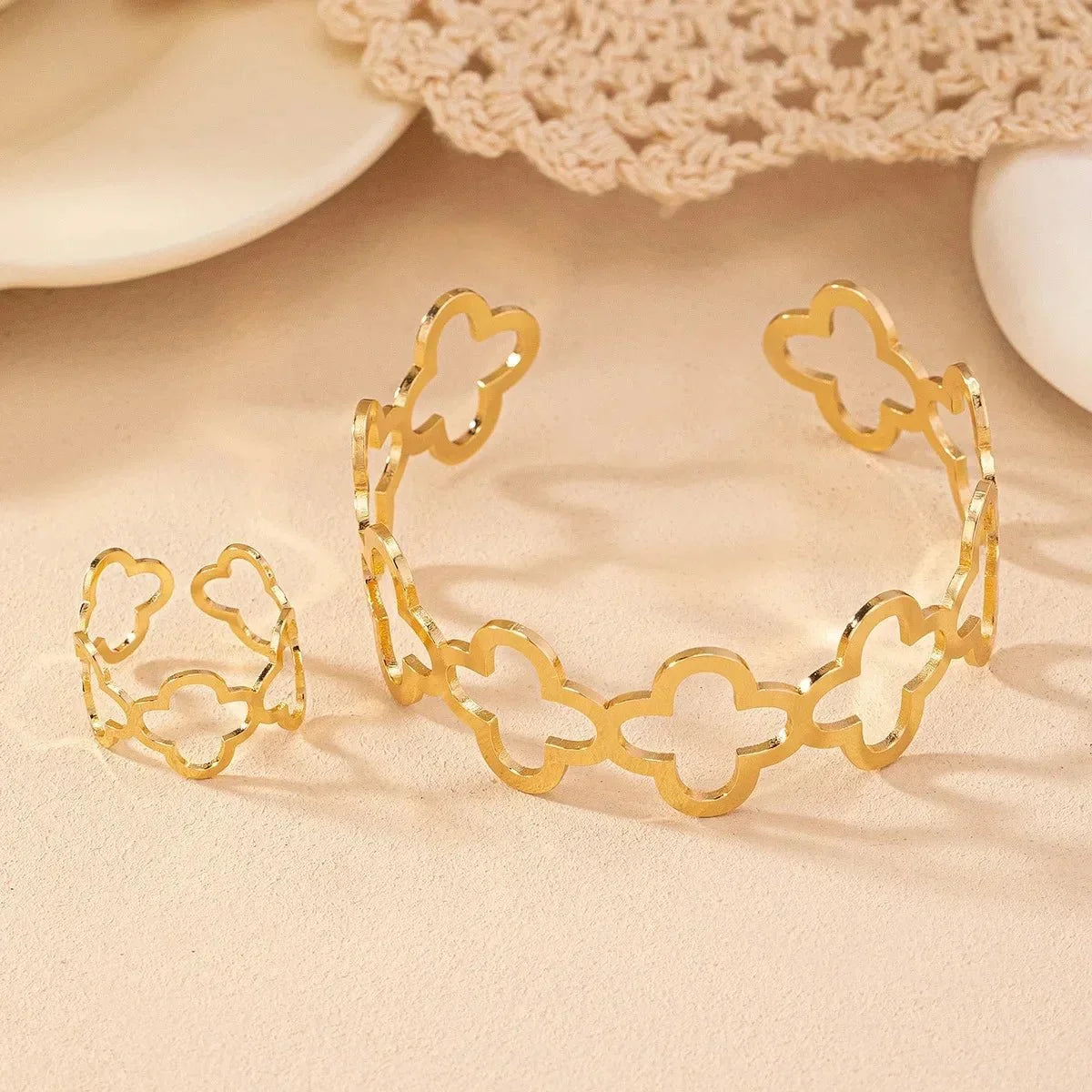 Dainty Open Clover Adjustable Bracelet and Ring Set