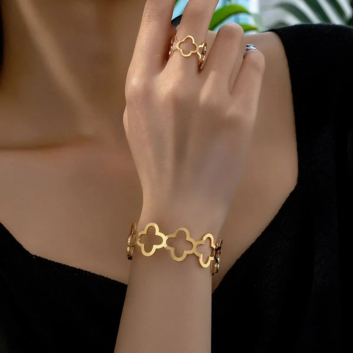 Dainty Open Clover Adjustable Bracelet and Ring Set