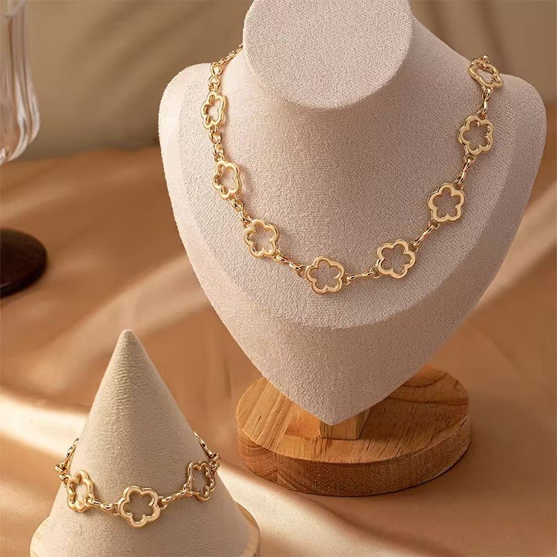 Dainty Open Clover Choker Necklace, Bracelet, Earring Set