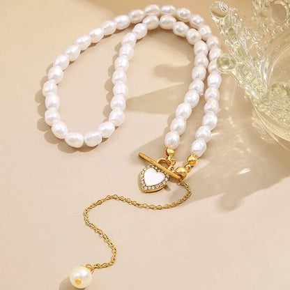 Dainty Pearl Drop Heart Clasp Choker Necklace
