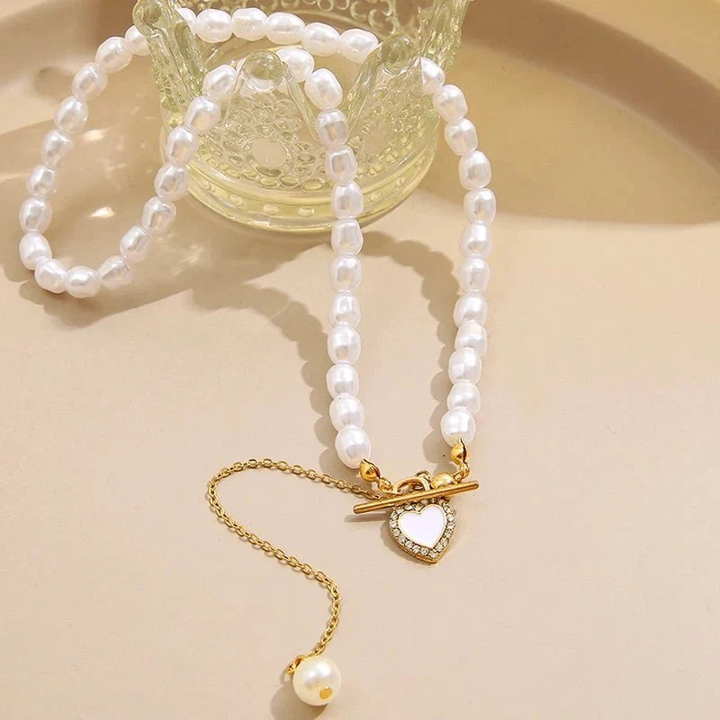 Dainty Pearl Drop Heart Clasp Choker Necklace
