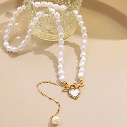 Dainty Pearl Drop Heart Clasp Choker Necklace