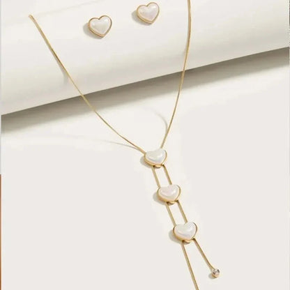 Dainty Pearl Heart Lariat Necklace and Earrings Set