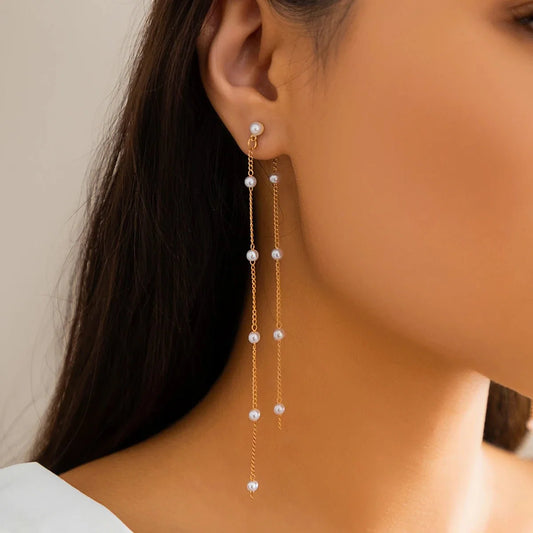 Dainty Pearl Long Tassel Earrings
