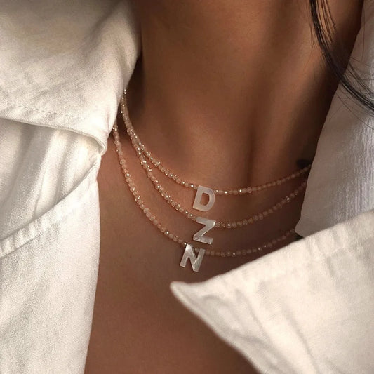 Dainty Stone Beaded Initial Necklace