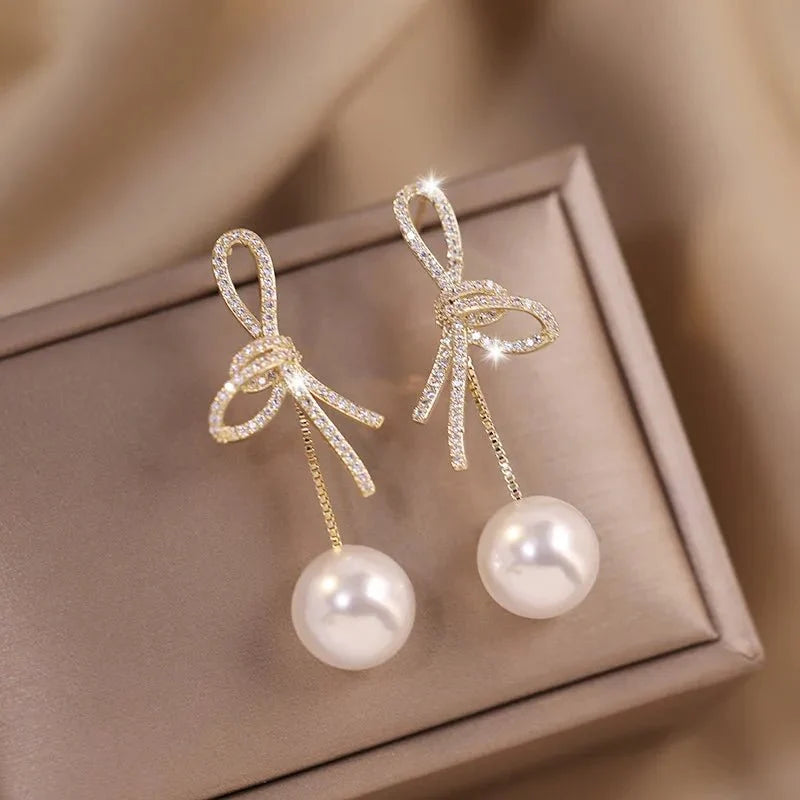 Dazzling Bowknot Pearl Drop Earrings