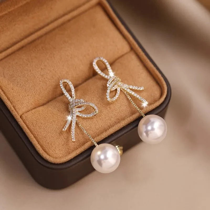 Dazzling Bowknot Pearl Drop Earrings