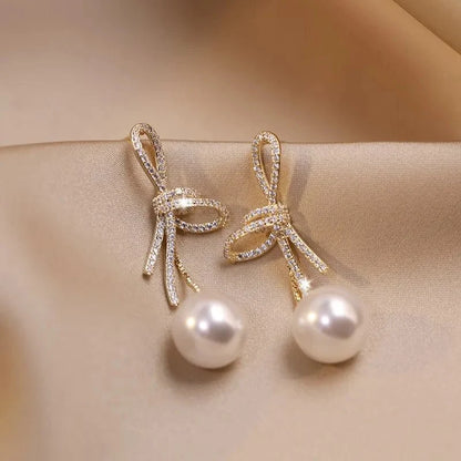Dazzling Bowknot Pearl Drop Earrings