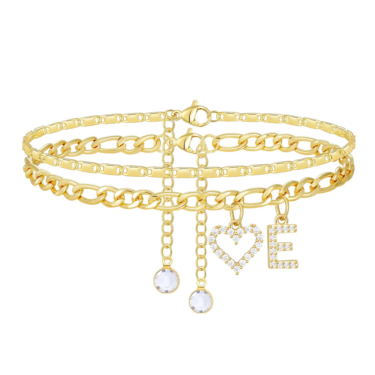 2pc 14k Letter Initial & Diamond Heart Anklet