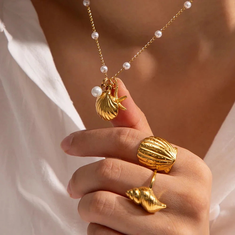 Elegant Dainty Spaced Pearl Seashell Necklace