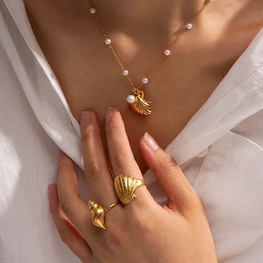 Elegant Dainty Spaced Pearl Seashell Necklace