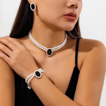 Elegant Oval Diamond Pearl Necklace, Bracelet, Earrings Set