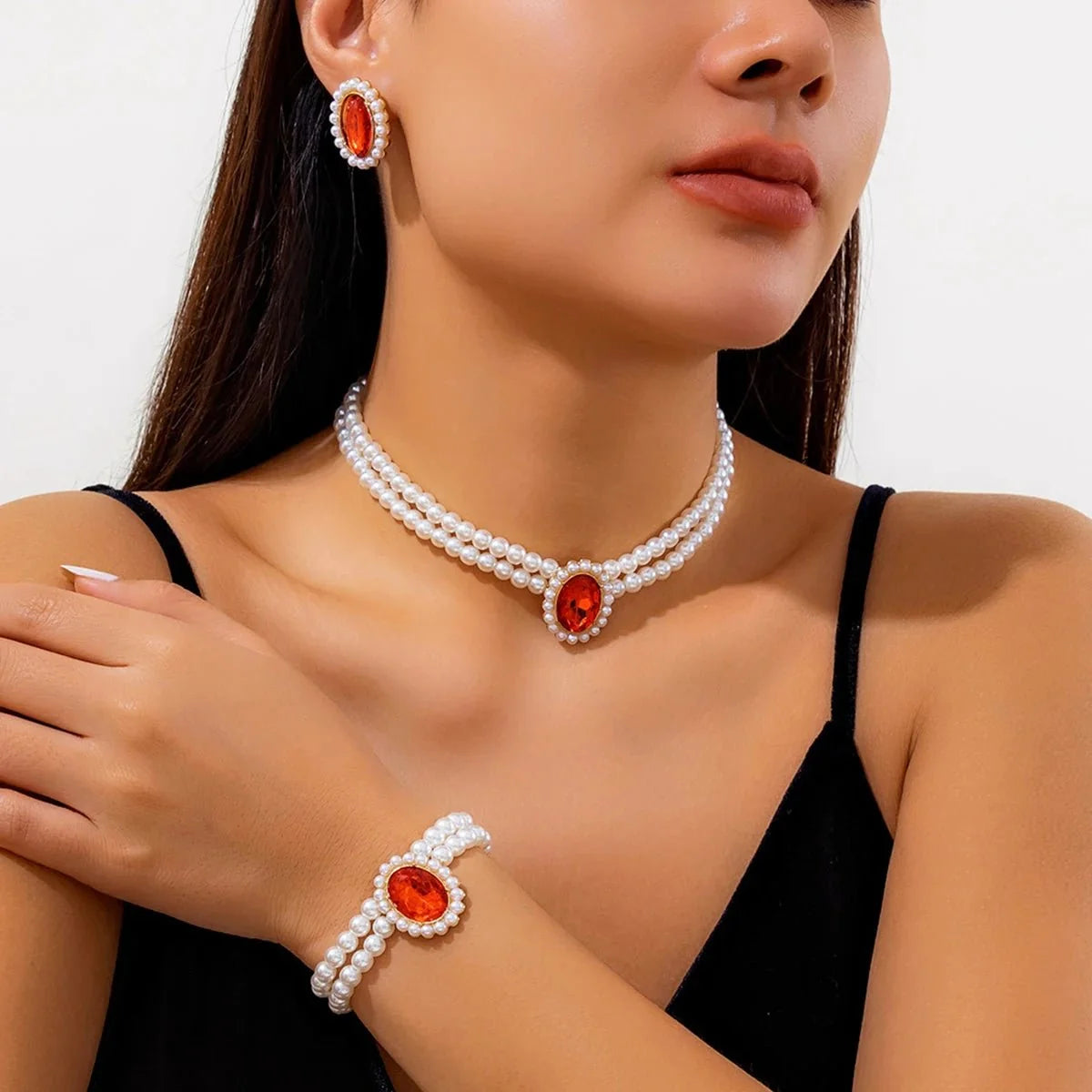 Elegant Oval Diamond Pearl Necklace, Bracelet, Earrings Set
