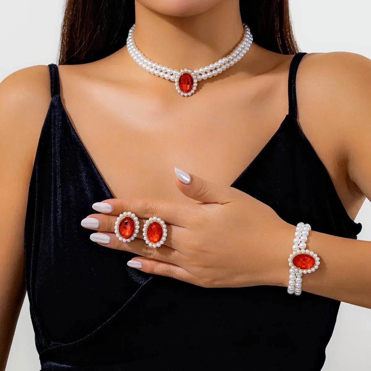 Elegant Oval Diamond Pearl Necklace, Bracelet, Earrings Set