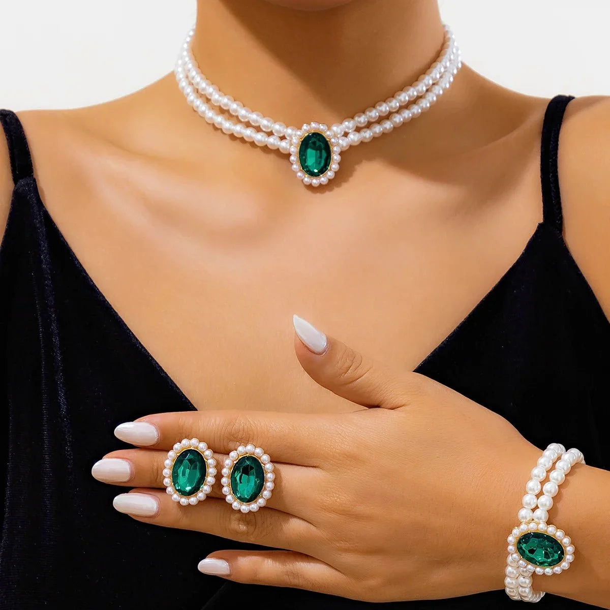 Elegant Oval Diamond Pearl Necklace, Bracelet, Earrings Set