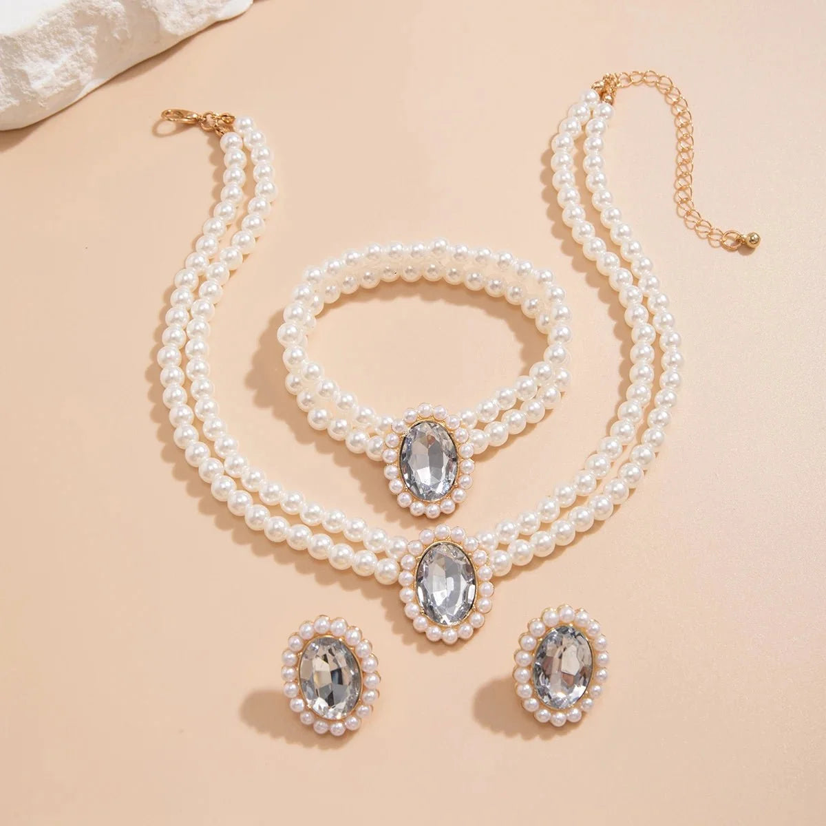 Elegant Oval Diamond Pearl Necklace, Bracelet, Earrings Set