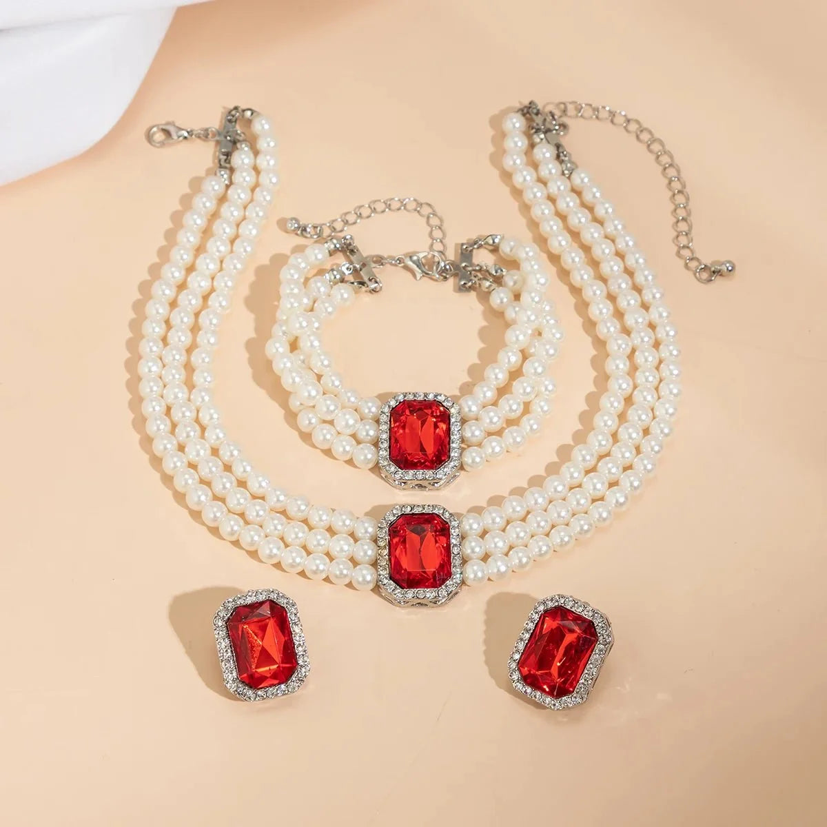 Elegant Pearl Diamond Necklace, Bracelet, and Earring Set