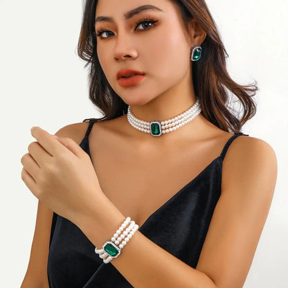 Elegant Pearl Diamond Necklace, Bracelet, and Earring Set
