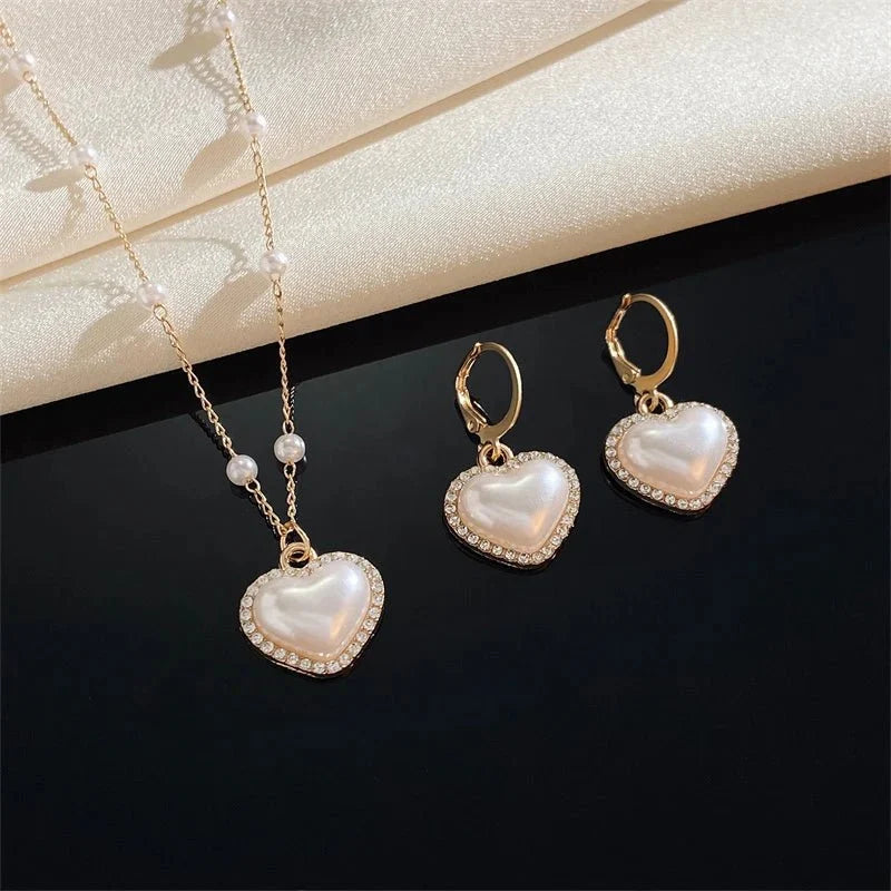 Elegant Pearl Heart Necklace and Earrings Set