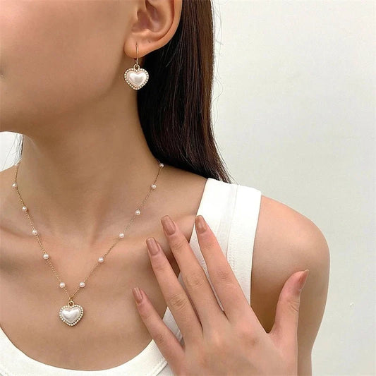 Elegant Pearl Heart Necklace and Earrings Set