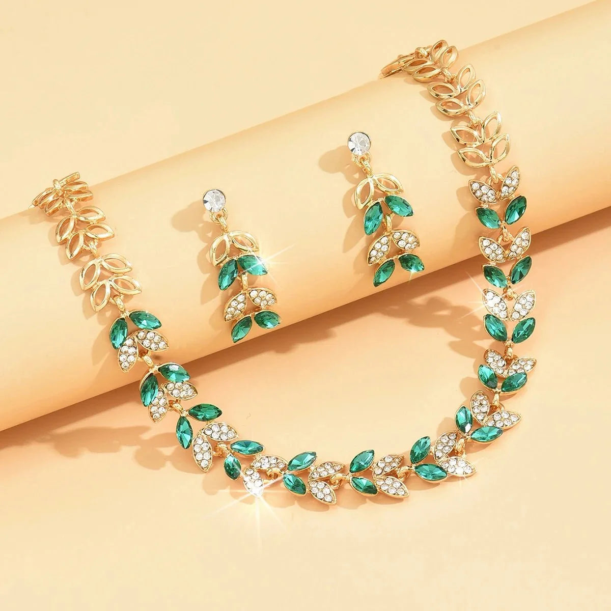 Emerald Leaf Diamond Necklace and Earring Set
