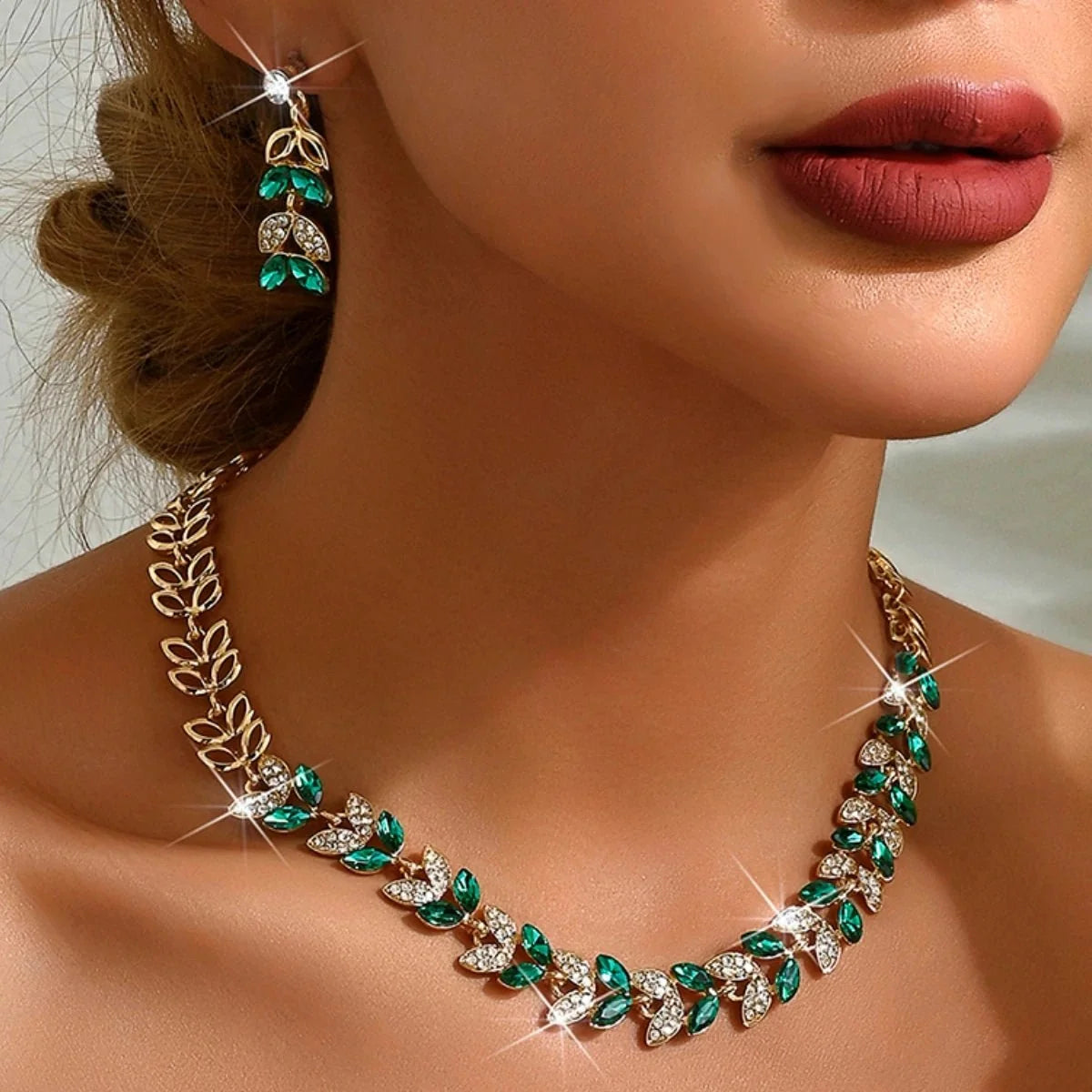 Emerald Leaf Diamond Necklace and Earring Set