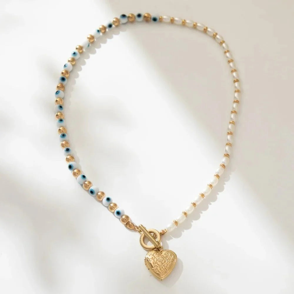 Evil Eye Pearl Heart Locket Necklace