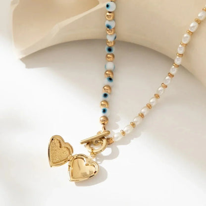 Evil Eye Pearl Heart Locket Necklace