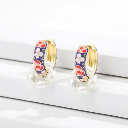 Floral Elegance Pearl Enamel Hoop Earrings