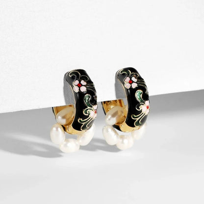 Floral Elegance Pearl Enamel Hoop Earrings