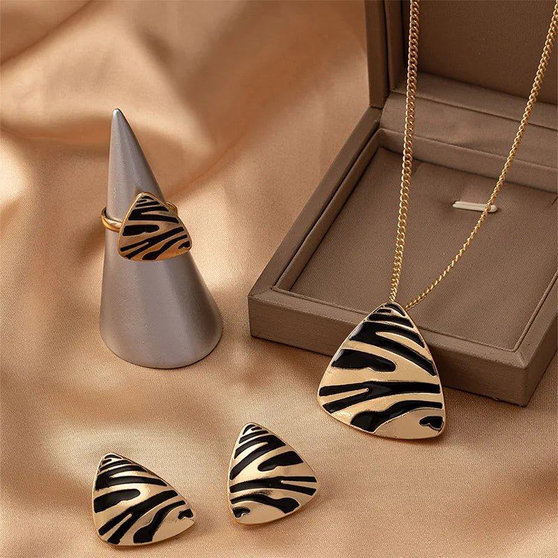 Geometric Leopard Print Necklace, Ring, Earrings Set
