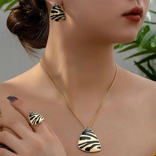 Geometric Leopard Print Necklace, Ring, Earrings Set