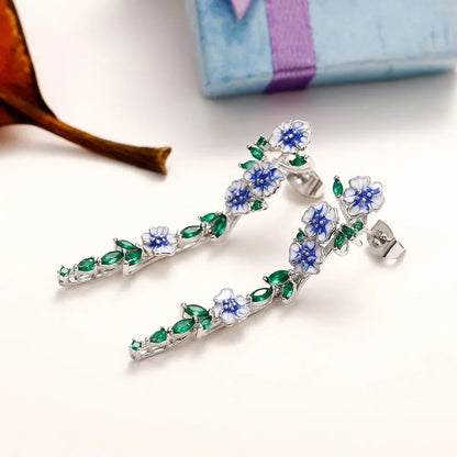Glossy Blue Floral Dangling Earrings