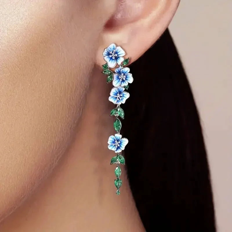 Glossy Blue Floral Dangling Earrings