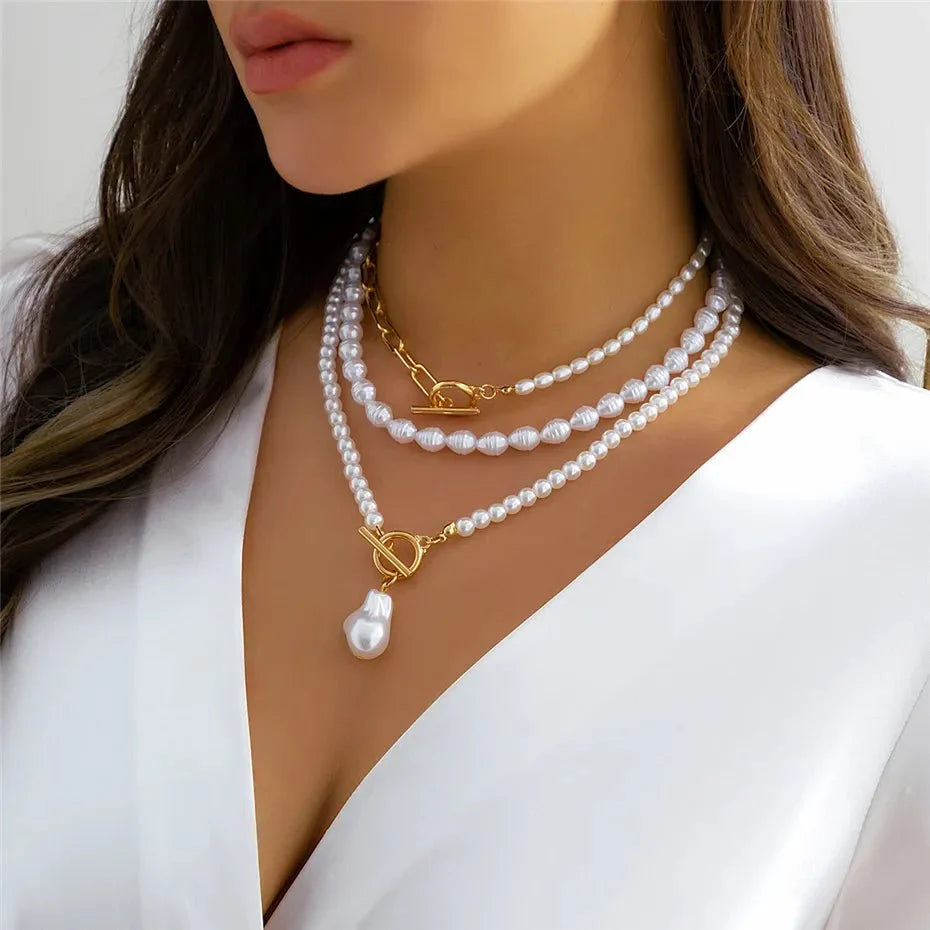 Classy Beaded Pearl Necklace Stacks