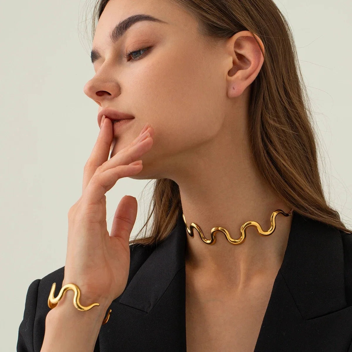 Gold Wavy Statement Bracelet and Necklace