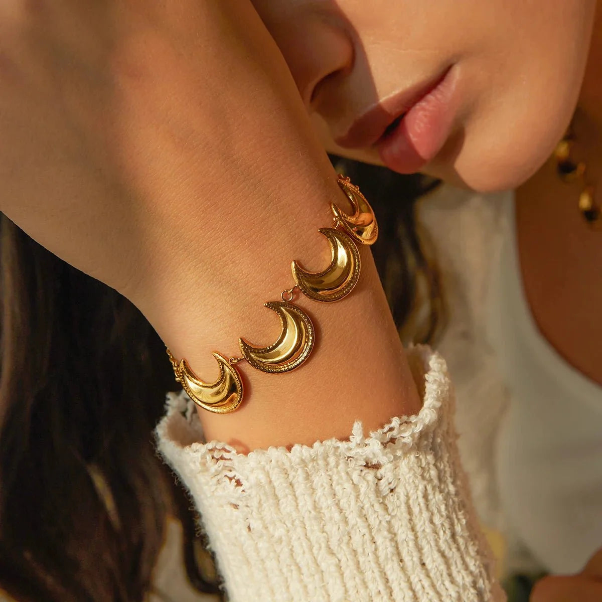 Golden Crescent Moon Astrology Necklace Bracelet Earrings Jewelry Set