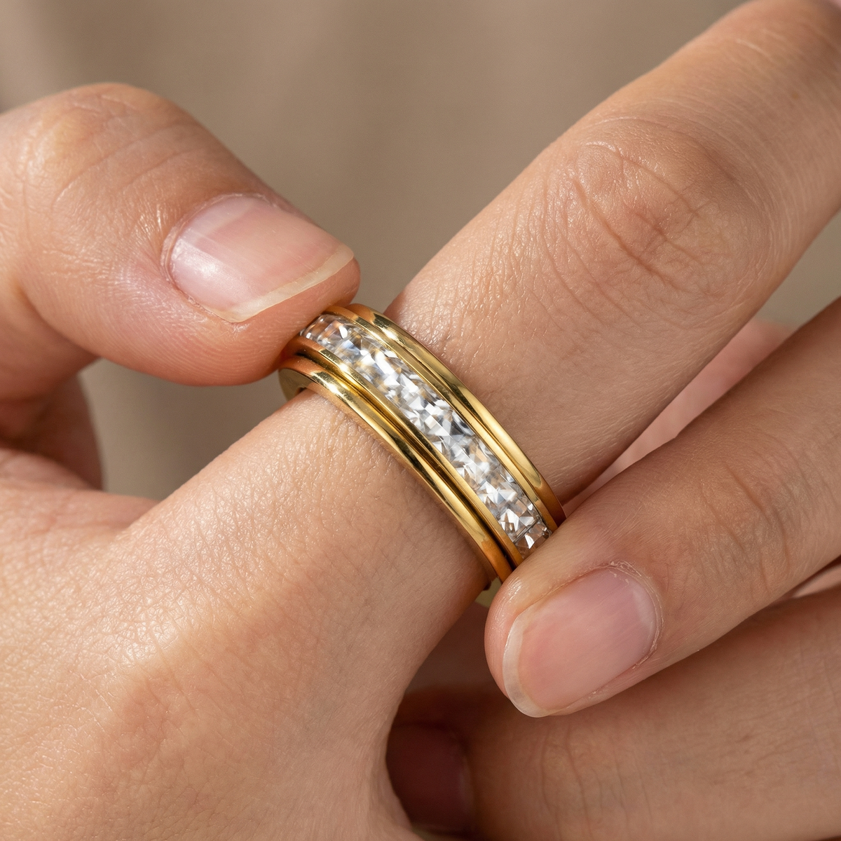 Simulated Diamond Accented Rotating Anxiety Relief Ring