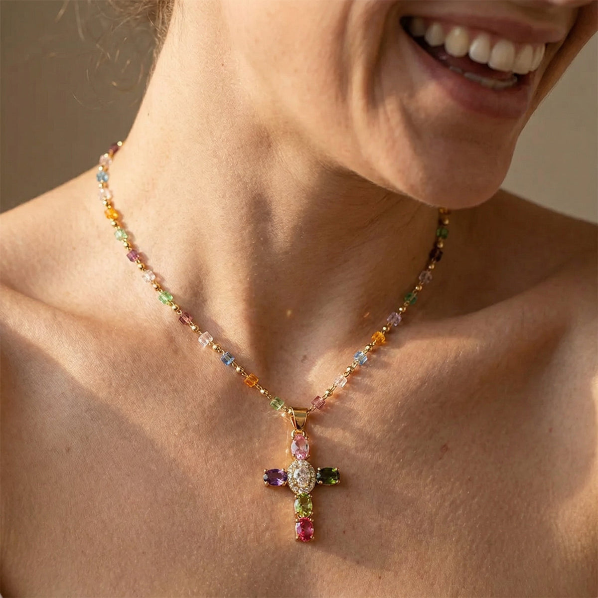 Dainty Colorful Gem Set Cross Necklace