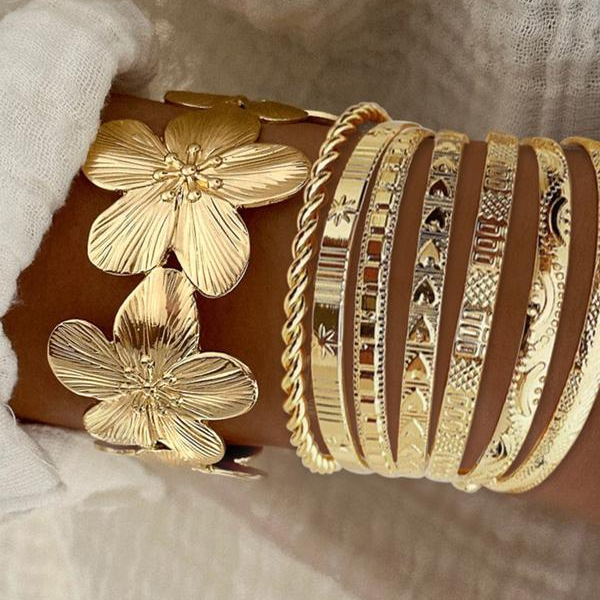 8pc Floral Accented Adjustable Textured Cuff Stack
