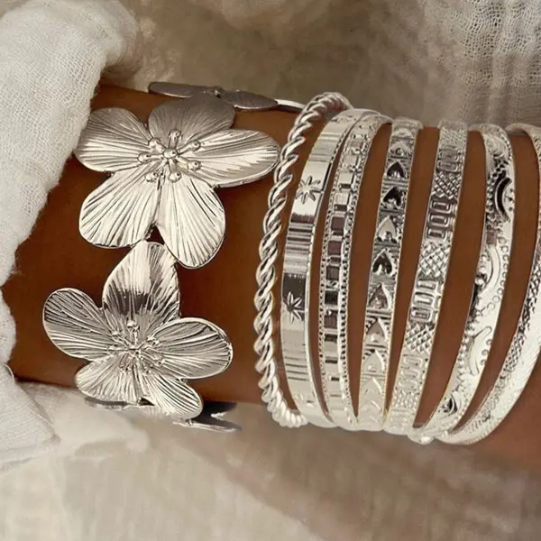 8pc Floral Accented Adjustable Textured Cuff Stack